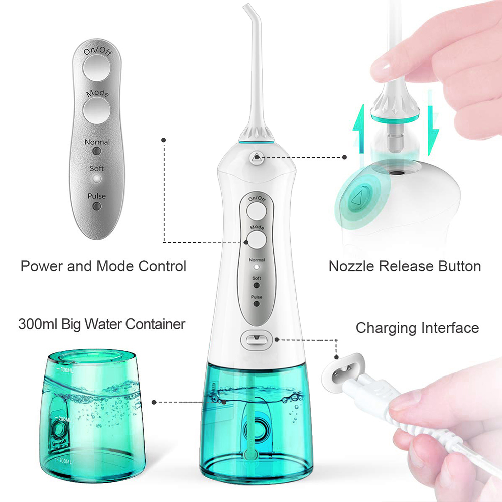 3 Modes Cordless Oral Irrigator Portable Water Dental Flosser USB Rechargeable Water Jet Floss Tooth Pick 5 Jet Tips 300ml Tank