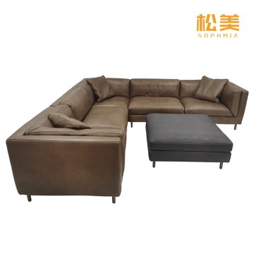 Luxury Large L-Shaped Leather Sofa with Ottoman