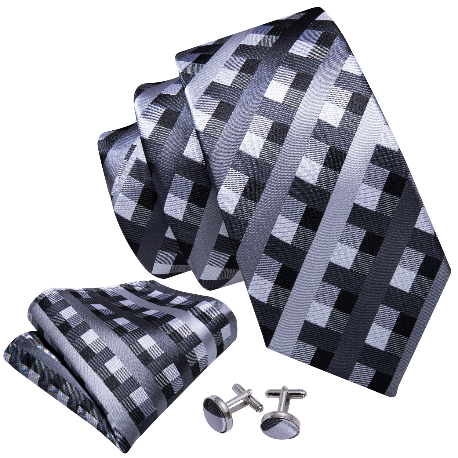 Silk Tie For Men Black White Gray Plaid Necktie Novelty Tie Set Handkerchief Cufflinks For Wedding Business Party Barry .Wang