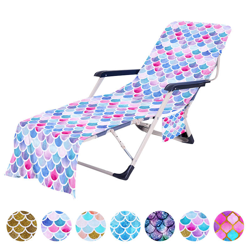 Mermaid Colorful Print Beach Chair Cover With Storage Pocket Swimming Pool Sun Lounger Case Microfiber Beach Chair Towel