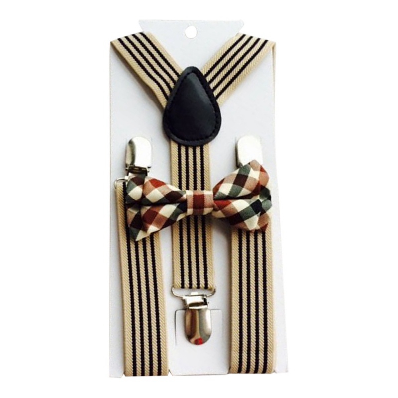 2Pcs Baby Girls Boys Clothes Accessories British Style Kids Striped Strap + Plaid Bow Tie Kit Fashion 130cm