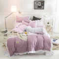 Japanese Brief Pink Grid Ruffles Princess 3/4 pcs Bedding Set Bed Sheet Duvet cover Pillow Cases Washed Cotton King Queen Twin