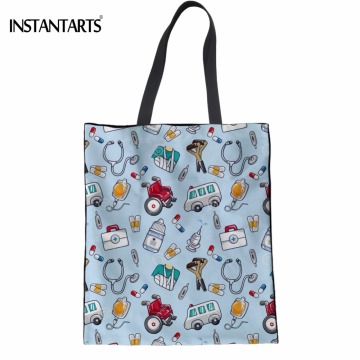INSTANTARTS Casual Students Cloth Tote Bags Funny Cartoon Nurse Pattern Teen Girl Cotton Shopping Bags Friendly Reusable Eco Bag