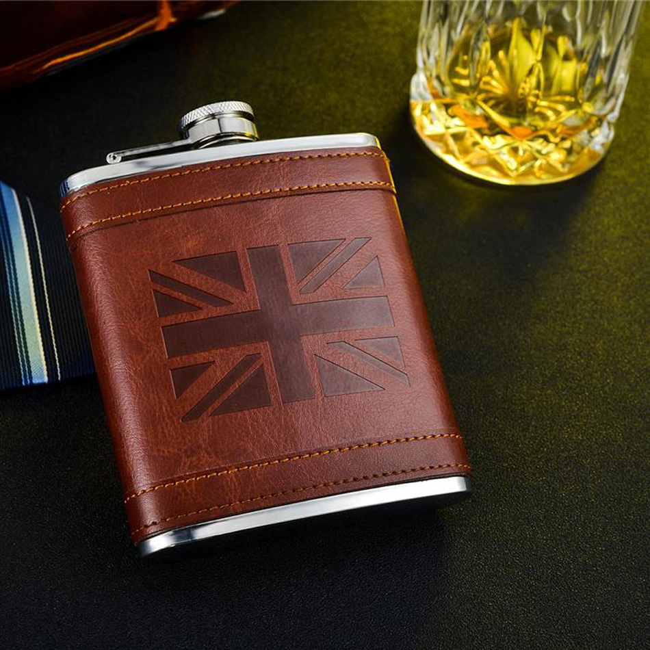 7OZ UK style stainless steel leather wrapped hip flask