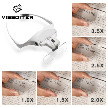 Glasses Magnifier Glass 1.0X 1.5X 2.0X 2.5X 3.5X Adjustable 5 Lens Loupe LED Light Headband Magnifier Glass Lamp for Read Look