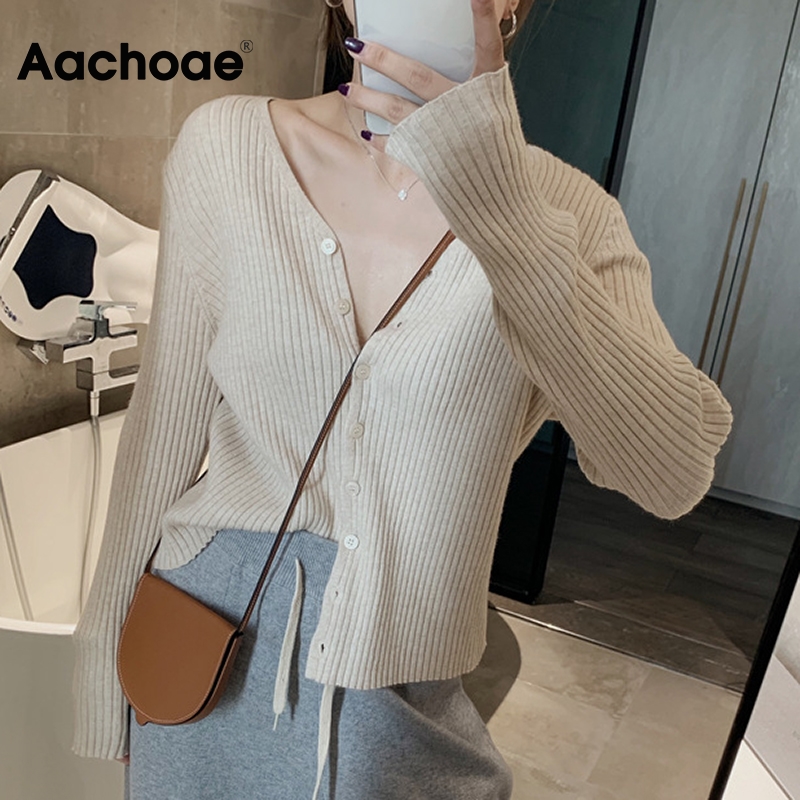 Aachoae 2020 Autumn Casual Knitwear Sweater Women V Neck Solid Cardigan Tops Long Sleeve Ladies Sweaters Winter Cardigans Mujer