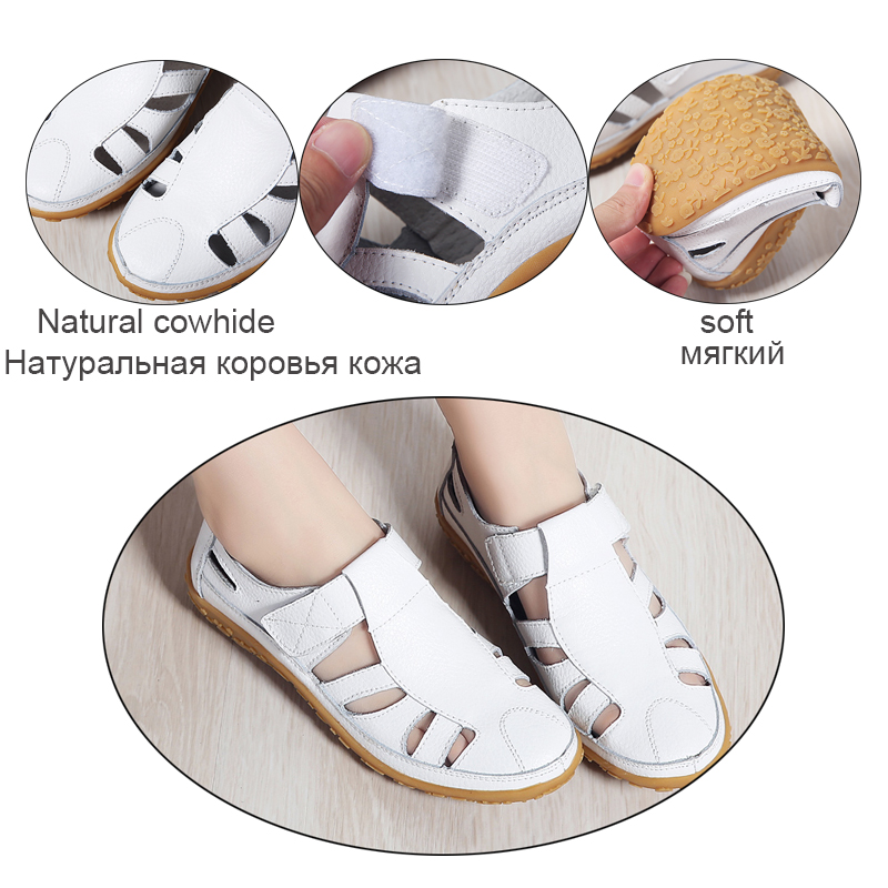 EOFK Summer Women Gladiator Sandals Ladies Hollow Casual Comfortable Soft Leather Skin Genuine Leather Flat Beach Sandals