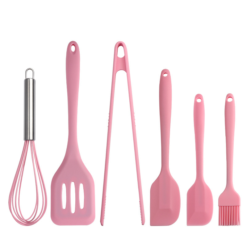 6Pcs/Set Pink Silicone Cooking Tool Sets Turner Egg Beater Spatula Oil Brush Tongs Kitchen Utensils Baking Tools