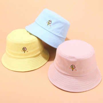 Ice Cream Bucket Hat For Women Cotton Candy Color Embroidery Summer Sunhat Outdoor Sports Fishing Cap Vacation Beach Panama Bob