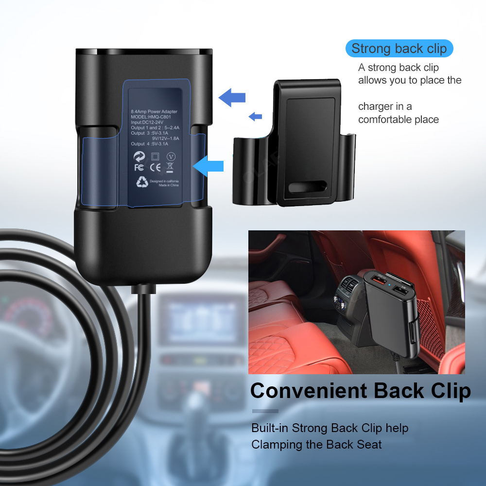 4 Ports QC3.0+2.4A+3.1A USB Car Charger Universal USB Fast Adapter with 5.6ft Extension Cord Cable for MPV USB Car Phone Charger