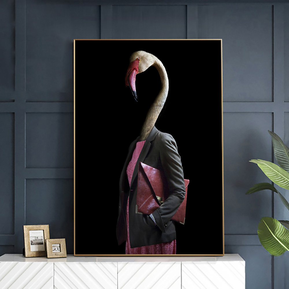 Caribou And Flamingo In Human Clothes Canvas Print Anthropomorphic Animal Art Painting On Wall Decor Picture For Home Room Adorn