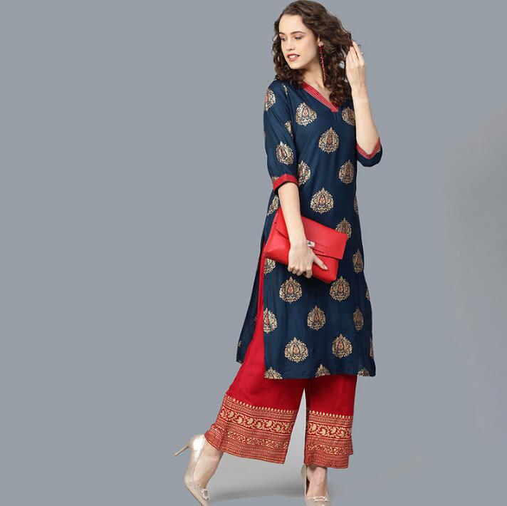 2020 India Fashion Woman Ethnic Styles Print Sets Kurtas Cotton India Lehenga Choli Elegent Lady Spring Summer Top+Pants