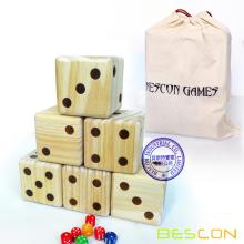 Bescon Jumbo Solid Wooden Yard Dice Set of 6pcs -Big Outdoor Gaming Dice Set 3.5 inch; with Drawstring Bag, Large Wood Dice