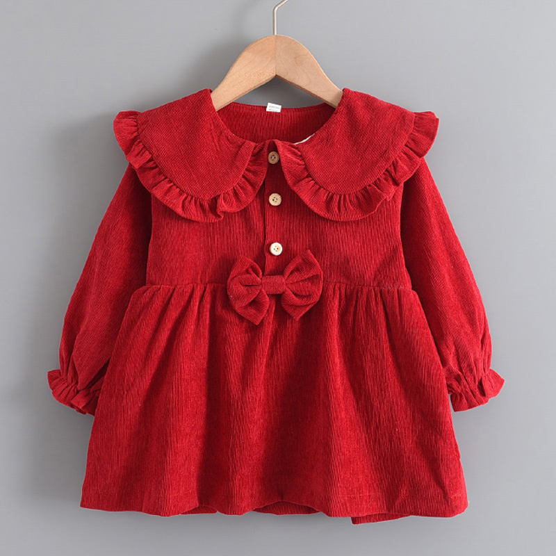 2020 New Spring Newborn Baby Girls Dress Baby Girls Long Sleeve Princess Dress Christmas Solid Color Kids Clothes Red Baby Dress