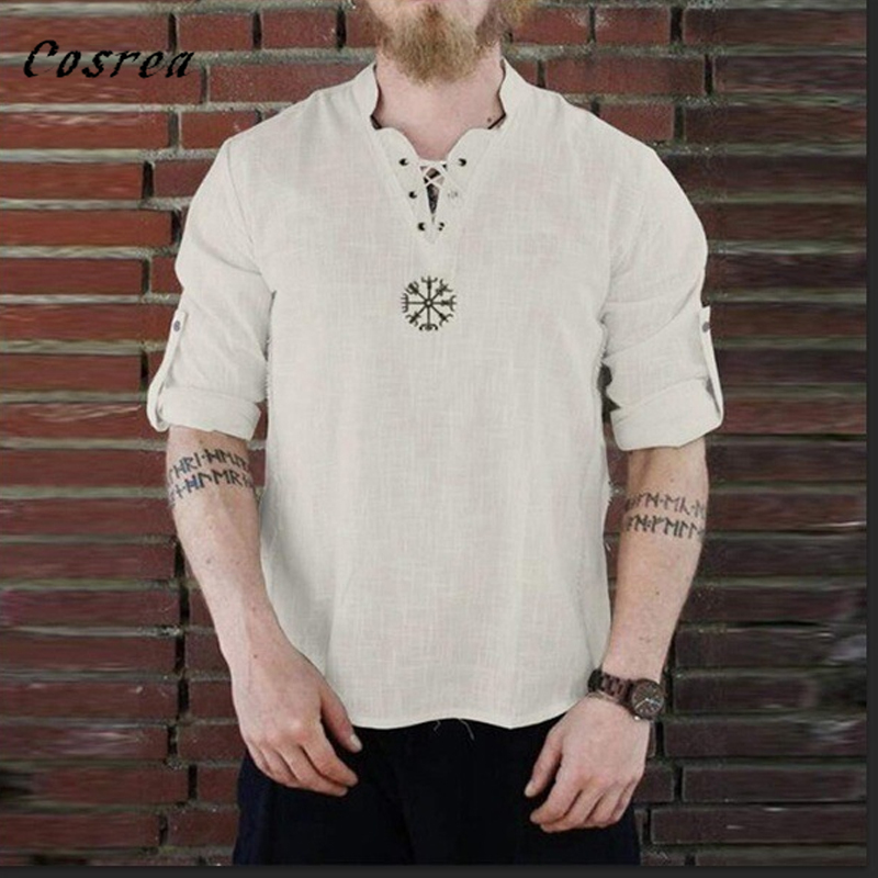 Medieval Viking Pirate Tops Shirt Pants Costume Renaissance Mens Nordic Retro T-shirt Beard Cosplay Tee Lace-Up For Mens Adult