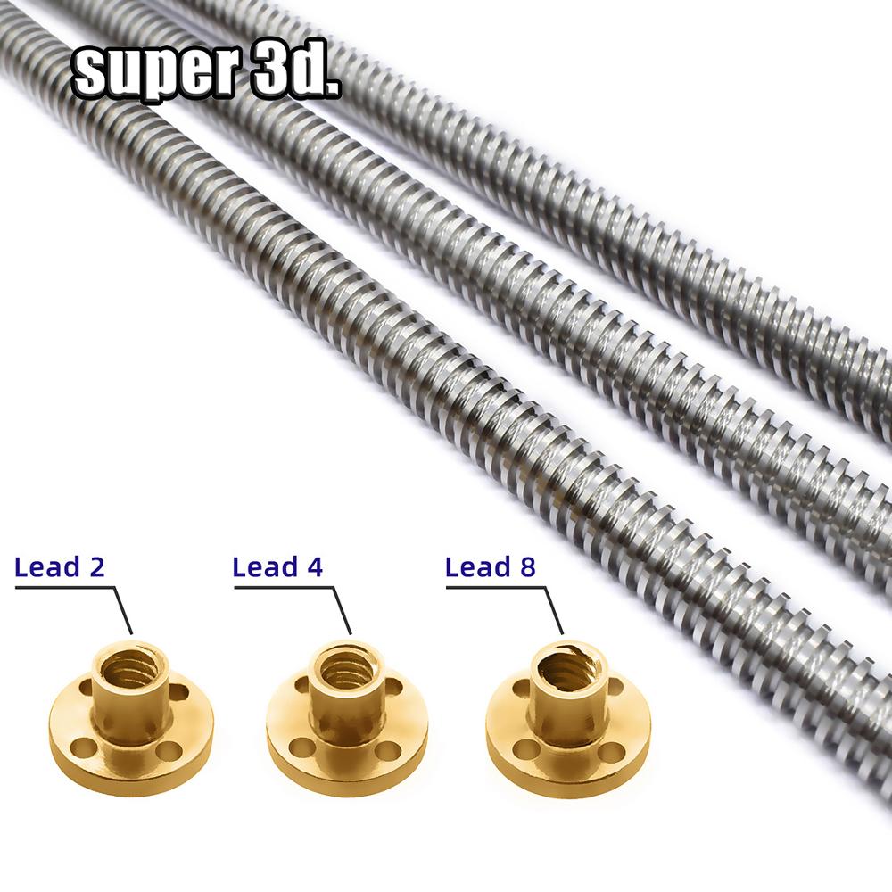 T8 Lead Screw Rod OD 8mm Pitch 2mm Lead 2mm Length 150mm-750mm Threaded Rods with Brass Nut for Reprap 3D Printer