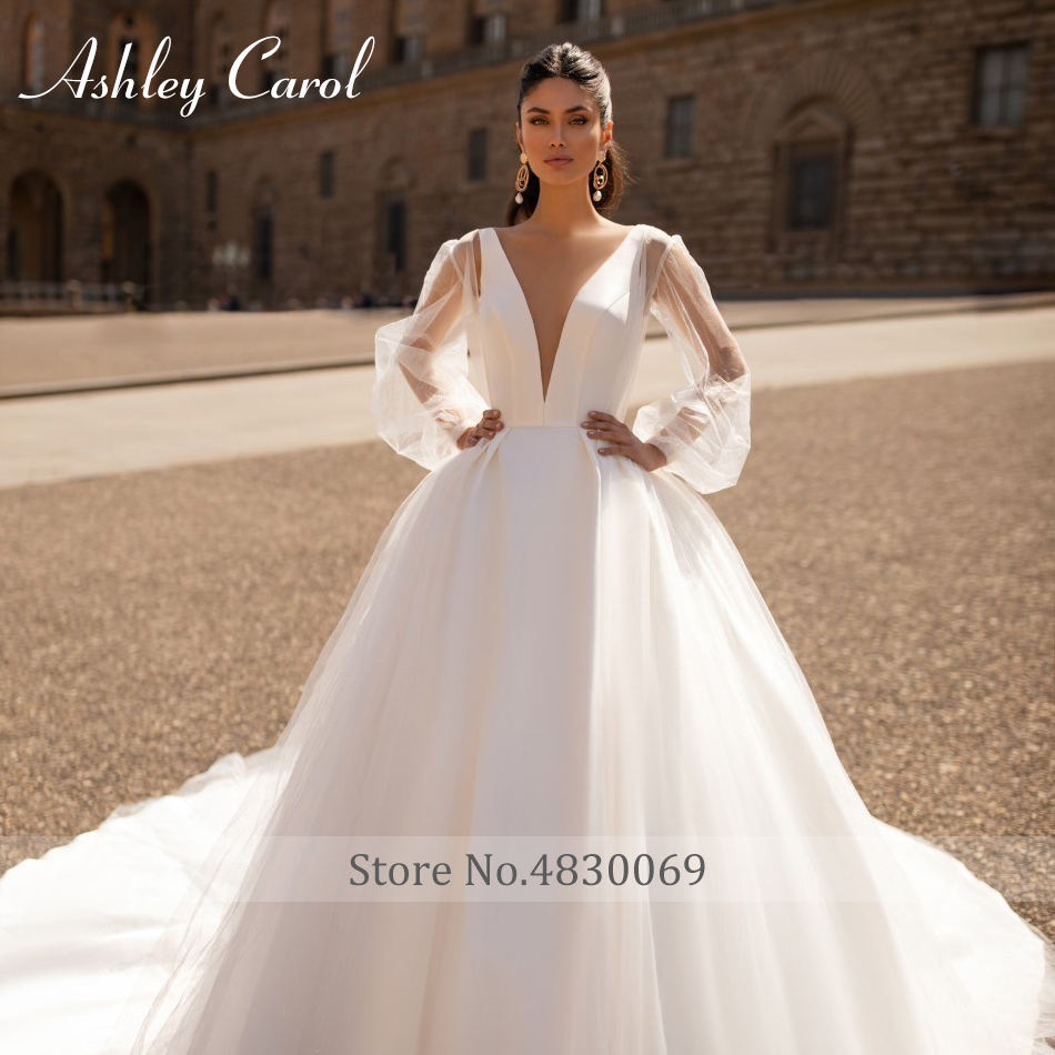 Ashley Carol Satin A-Line Wedding Dress 2020 Sexy V-neck Backless Shining Puff Sleeve Vintage Wedding Gowns Vestido De Noiva