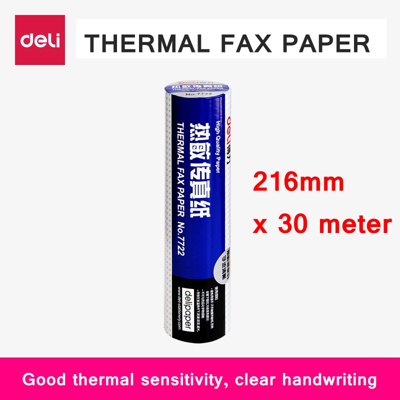 1 Roll Deli 7722 Thermal fax paper A4 216mm X 30meter Thermal fax machine paper 55g coated paper packing size 216x50mm roll