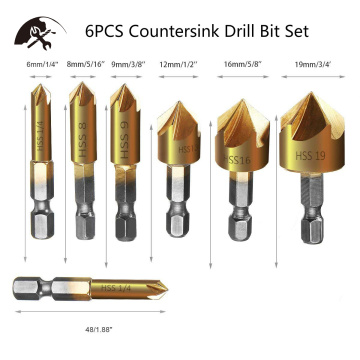 6PCS Countersink Drill Bit Set 1/4'' Hex Shank 5 Flute Countersink 90 Degree Center Punch Tool Sets Wood Chamfering Cutter