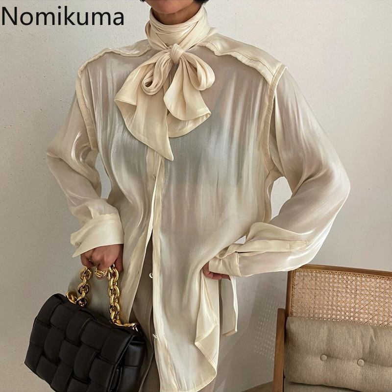 Nomikuma Sexy See Through Women Shirt Korean Bow Bandage Collar Top Blusas 2021 Spring New Long Sleeve Causal Blouse Mujer 6D895