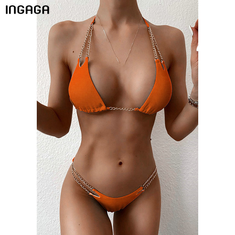 INGAGA Push Up Bikinis Swimsuits Halter Swimwear Women Metal Chain Biquini Bathing Suits Black Swim Suit 2021 Bathers Bikini Set