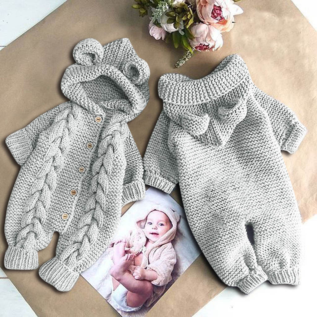Newborn Infant Baby Girl Boy Winter Warm Coat Knit Outwear Hooded Jumpsuit Fashion Solid Long Sleeve Knit Cute Kids Baby Clothes