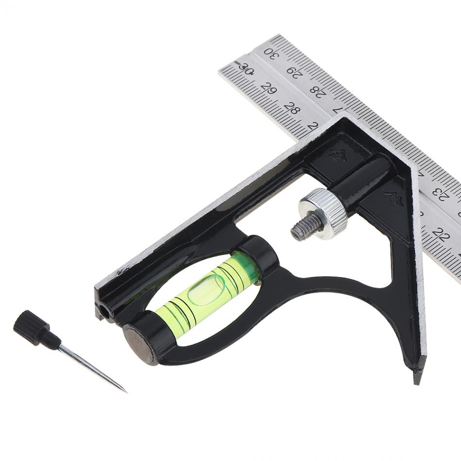 Square Ruler Set Kit 300mm 12'' Adjustable Engineers Combination 45/90 Degree Try None Right Angle Ruler with Spirit Level