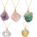Women Rainbow Stone Natural Chakra Rock Necklace Quartz Pendant Ran Rough Stone Ore Irregular Crystal Necklace