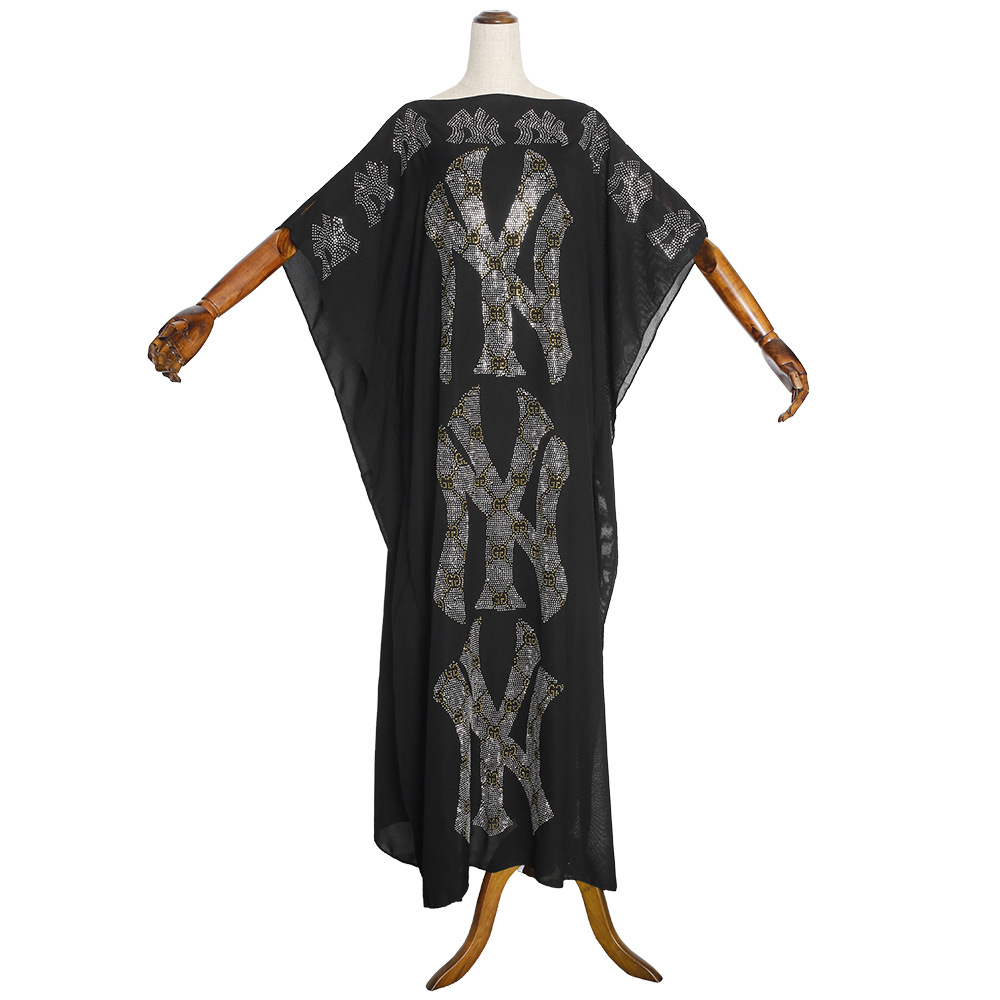 Black African Design Dashiki Dress Beading Abaya Vintage Bandage Bazin Bat Sleeve Robe Gowns Africa Sexy Lady Party Fairy
