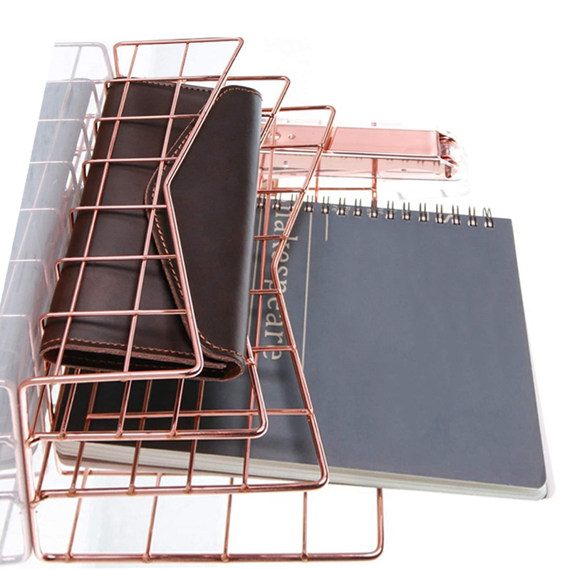 SALE Letter Holder Business Office File Tray Metal Rose Gold Mail Envelope Vertical Organizer 3 Layer Hollow Out Rack