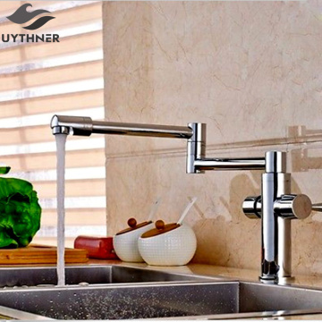 Uythner Deck Mounted Long Spout Extending Kitchen faucets Chrome Brass Two Handle One Hole Mixer Tap