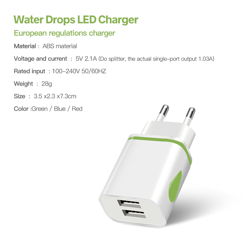 FONKEN 2 USB Charger Adapter Wall Charger EU Mobile Phone Charge Charger Water Drop LED Charger For Samsung Tablet Notebook
