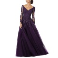 V-Neck Beaded Lace Appliqued Mother of the Bride Dress Long Sleeves Bodice Long Evening Formal Gowns