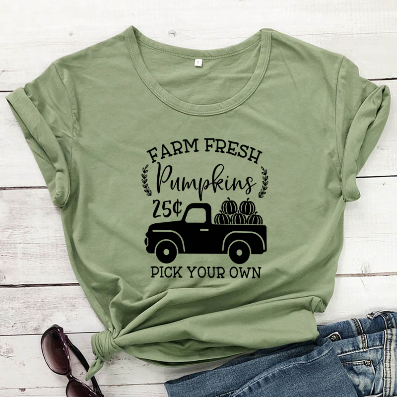 Women Thanksgiving Fall Top Tee Vintage Pumpkin Truck Harvest Holiday Tshirt Farm Fresh Pumpkins Pick Your Own T-shirt
