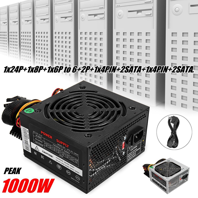 EU Plug Black 1000W Power Supply Psu Pfc Silent Fan Atx 24pin 12V PC Computer Sata Gaming PC Power Supply For Intel Amd Comput