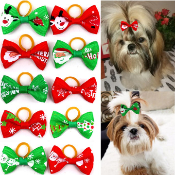 Cute Dog Christmas Hair Bows Handmade Bowknot Dog Ties For Puppy Pet Headwear Grooming Accessories With Rubber Bands 5/10pcs