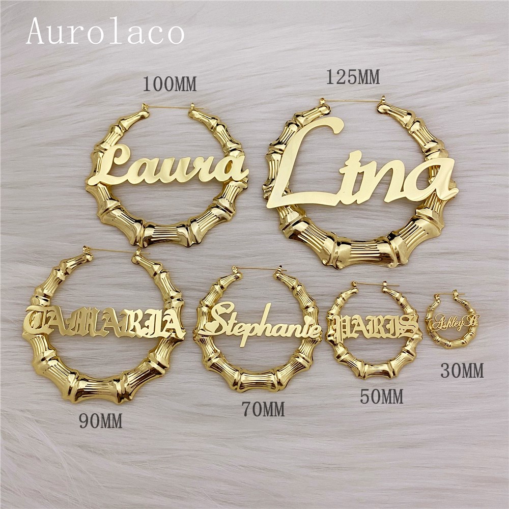 AurolaCo 30-125MM Bamboo Earrings Custom Name Earrings Customized Bamboo Hoop Earrings Stainless Steel Earrings for Women Gifts