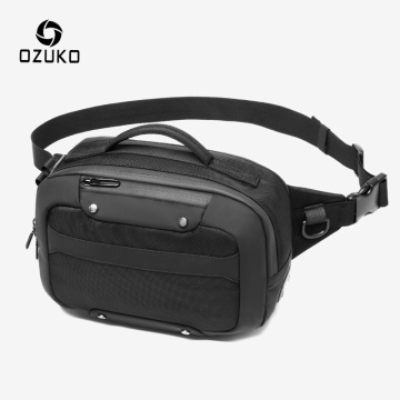 OZUKO Multifunction Waterproof Waist Bag Men USB Crossbody Belt Bag Small Phone Pouch Bags Male Short Travel Chest Fanny Pack
