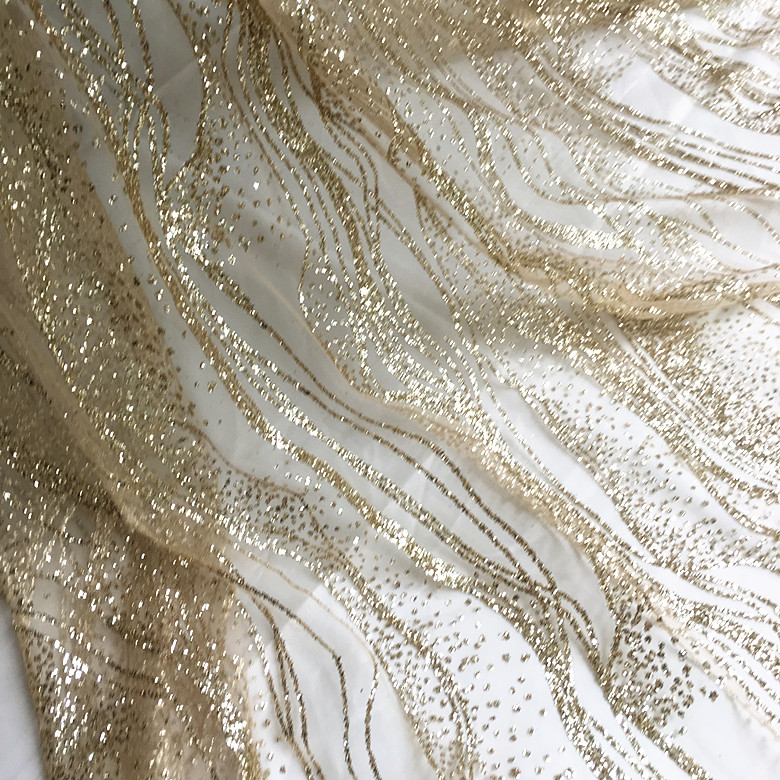 Champagne Gold Silver Bronzing Net Yarn Stripes Wave Lace Fabric 140CM Wide DIY Sew Clothes Wedding Dress Curtain Accessories