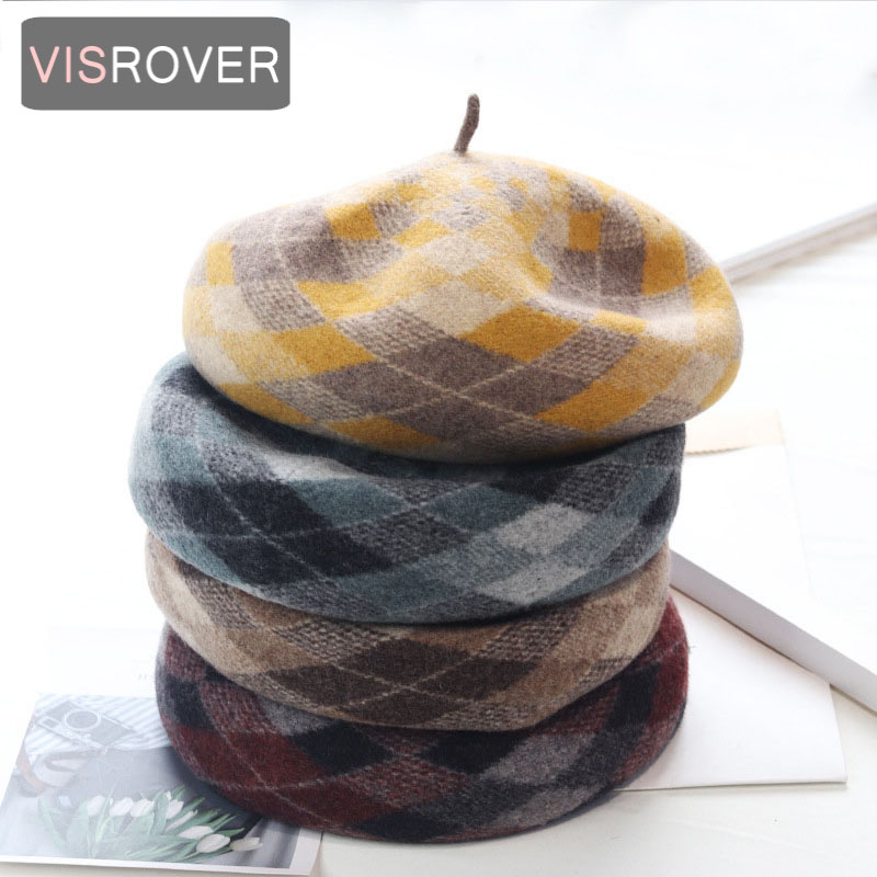 VISROVER new winter woman 100% wool rhombus beret knit winter hat for woman autumn hat top quality Women Boina gift wholesales
