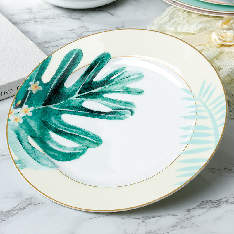Nordic Green Leaf Style Ceramic Plate Hand-painted Round Beefsteak Plate Breakfast Tray Dinner Dish Food Plate
