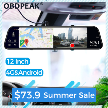 12 Inch 4G Android Car DVR Rearview Mirror FHD 1080P Stream Media DashCam Car Dvr ADAS Super Night Auto Registrar GPS Navigation