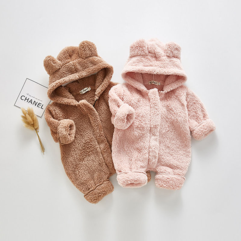 Baby Clothes Newborn Baby Romper Cotton Keep Warm Girls Boys Winter Cartoon Bear Plush Jumpsuit Baby Go Out Clothing