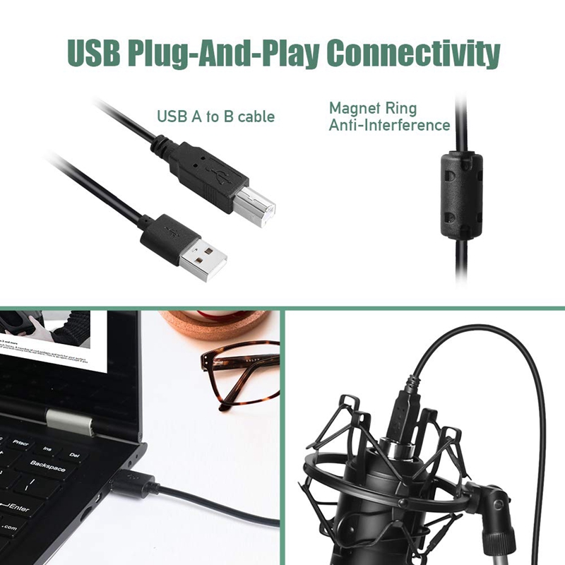 Usb Streaming Podcast Pc Microphone Professional Studio Cardioid Condenser Mic Kit with Sound Card Boom Arm Shock Mount Filter,