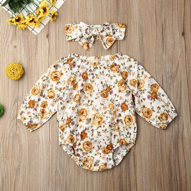 0-18M Newborn Baby Girl Clothes Flower Long Sleeve Romper Jumpsuit+Headband Outfit