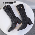 Sexy Jean Boots Women's AnkleTube Women Short Boot Winter Mid Heel Denim Boot 2020 Lady Stylish Jeans Boots Zipper Shoes Cowboy