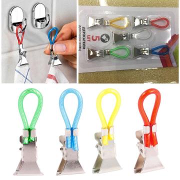 5Pcs Tea Hanging Towel Pliers Clip On Hooks Loop Towel Hooks Hanging Clothes Pegs Clothesline Home Kitchen Bathroom Hangers