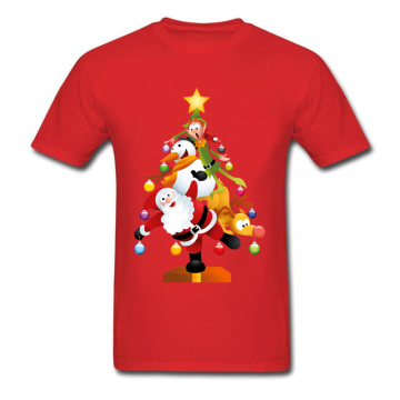 2018 Cartoon Santa Snowman Christmas Tree Print Men Red T-shirt Short Sleeve Cotton Fabric Gift Tee Shirt Funny Tops