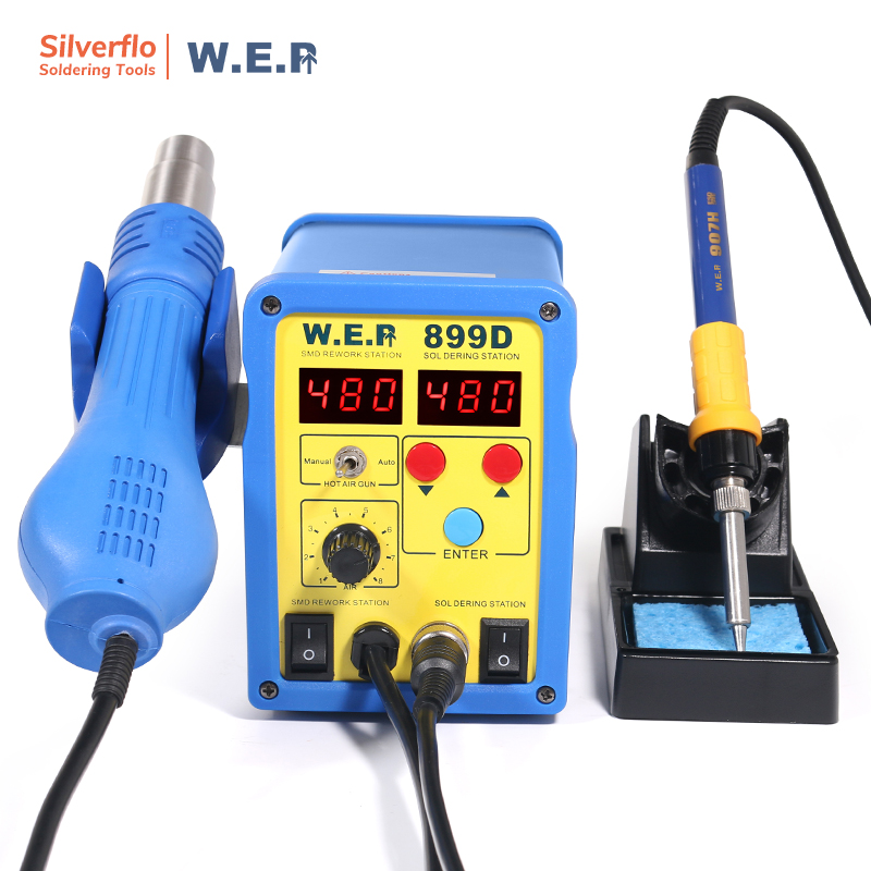 WEP 899D Double Digital Display Soldering Station With Soldering Iron Heat Gun Auto Manual Hot Air Gun Desoldering Station