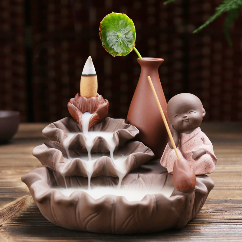 Fashion Backflwo Incense Holder Ceramic Monk Set Lotus Burner for Home Decor Waterfall Incense Base Living Room Flower Vase